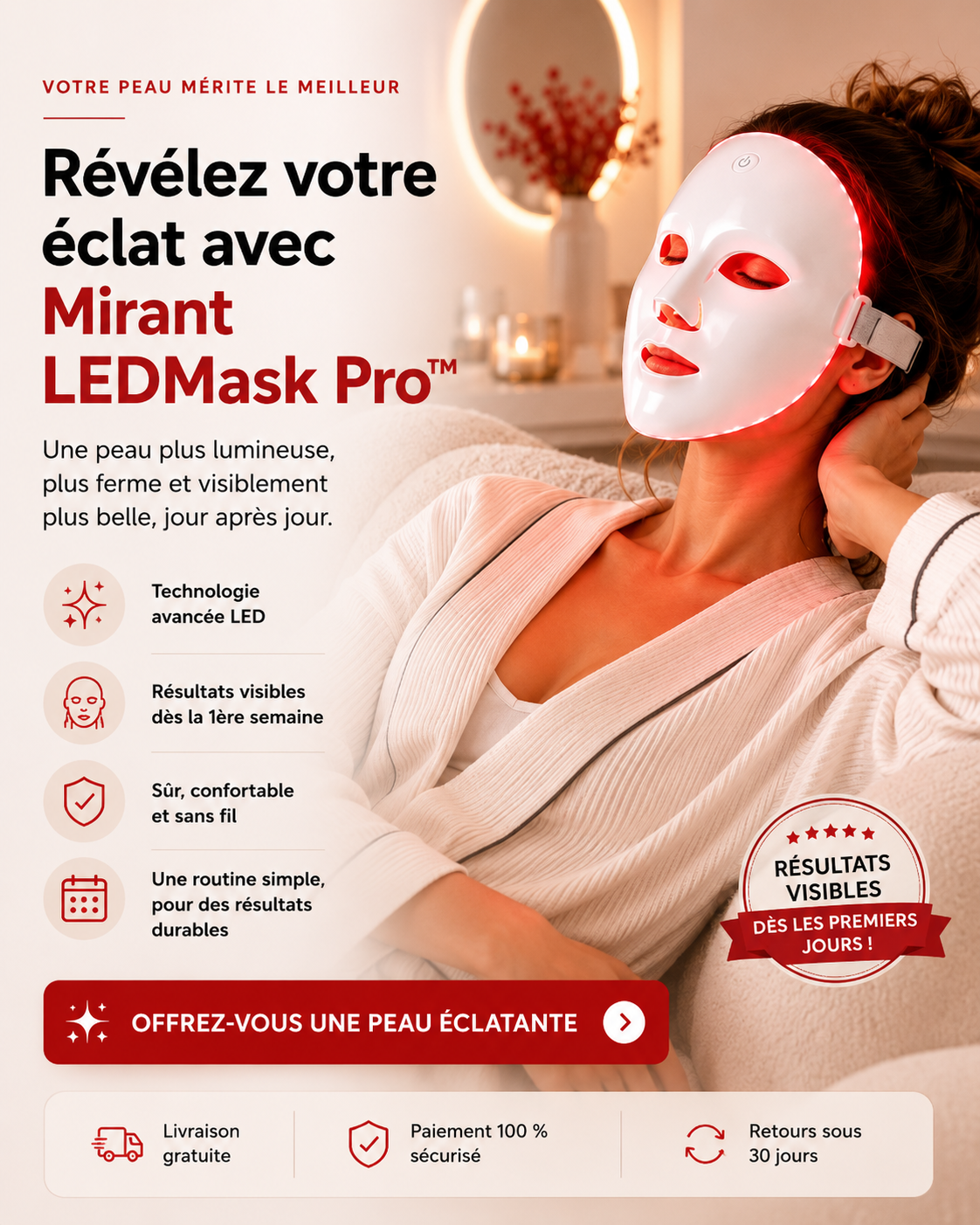 Mirant LEDMask Pro allumé en lumière rouge