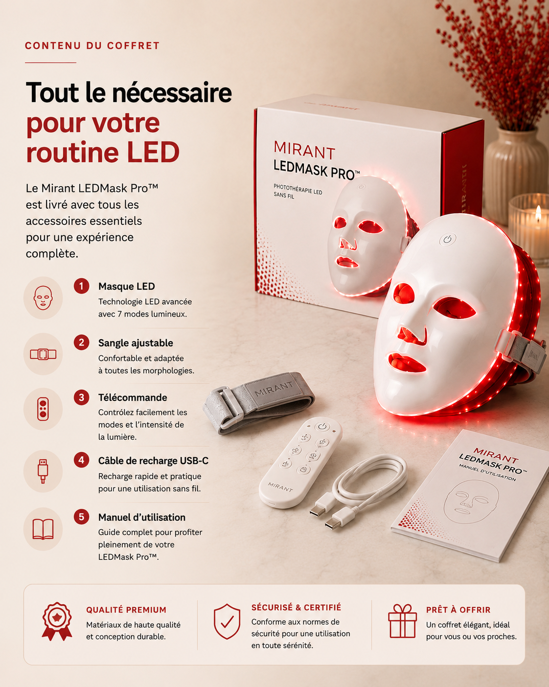 Mirant LEDMask Pro™ – Masque LED Facial 7 Couleurs Sans Fil | Photothérapie LED Anti-Âge & Éclat du Teint