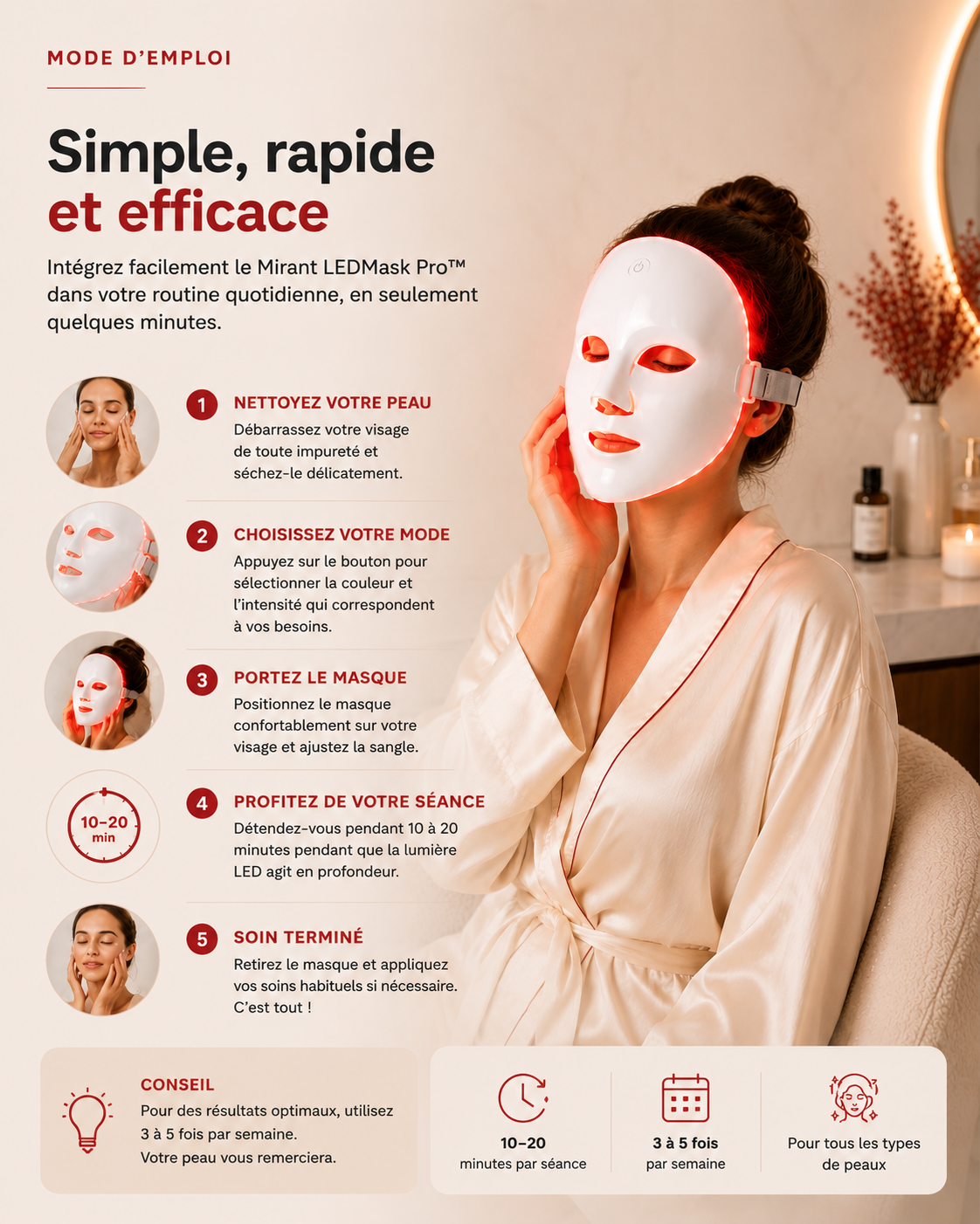 Mirant LEDMask Pro™ – Masque LED Facial 7 Couleurs Sans Fil | Photothérapie LED Anti-Âge & Éclat du Teint